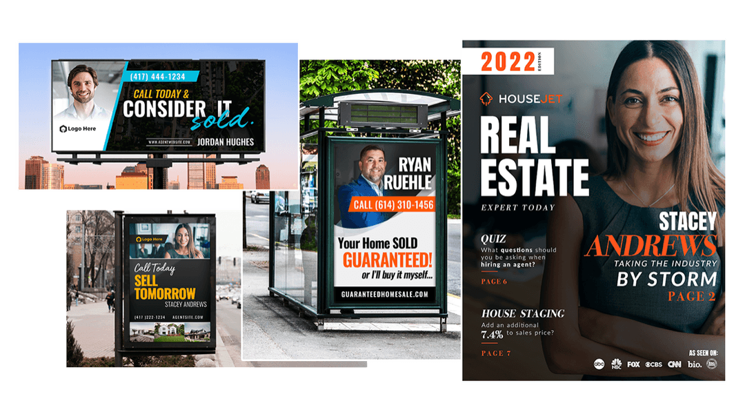 Agent branding ads on billboards, bus shelters and a magazine cover